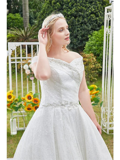 Princess Ball Gown Wedding Dresses Off Shoulder Cathedral Train Lace Tulle Sleeveless Formal Romantic Luxurious Sparkle & Shine Plus Size with Beading Sequin