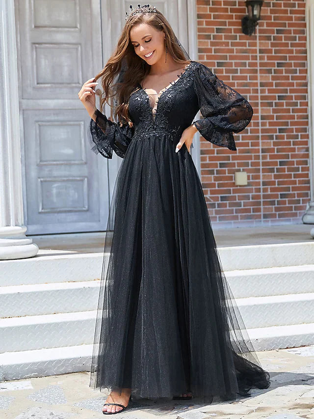 A-Line Wedding Dresses V Neck Floor Length Lace Tulle Long Sleeve Romantic Sexy Black with Pleats Draping