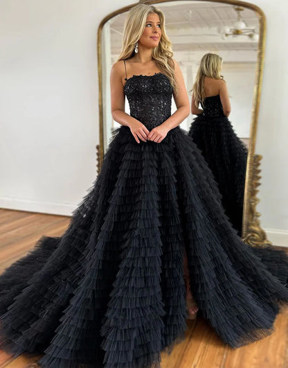 A-Line Spaghetti Straps Tulle Sequins Ball Gown Prom Dress With Slit