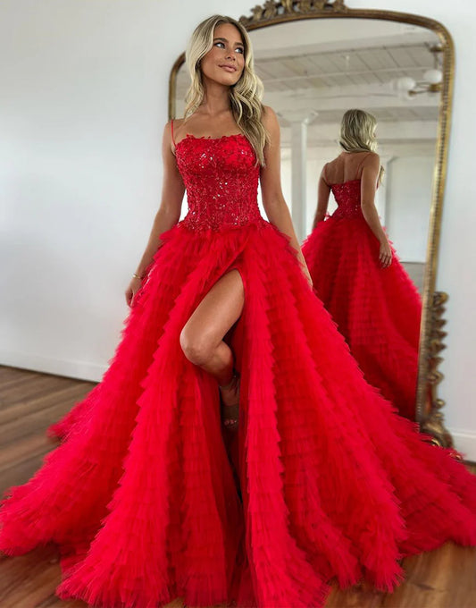 A-Line Spaghetti Straps Tulle Sequins Ball Gown Prom Dress With Slit