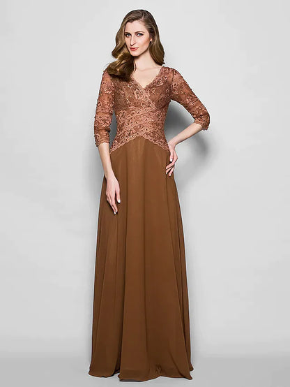 A-Line Mother of the Bride Dress V Neck Floor Length Lace Georgette Length Sleeve with Lace Beading