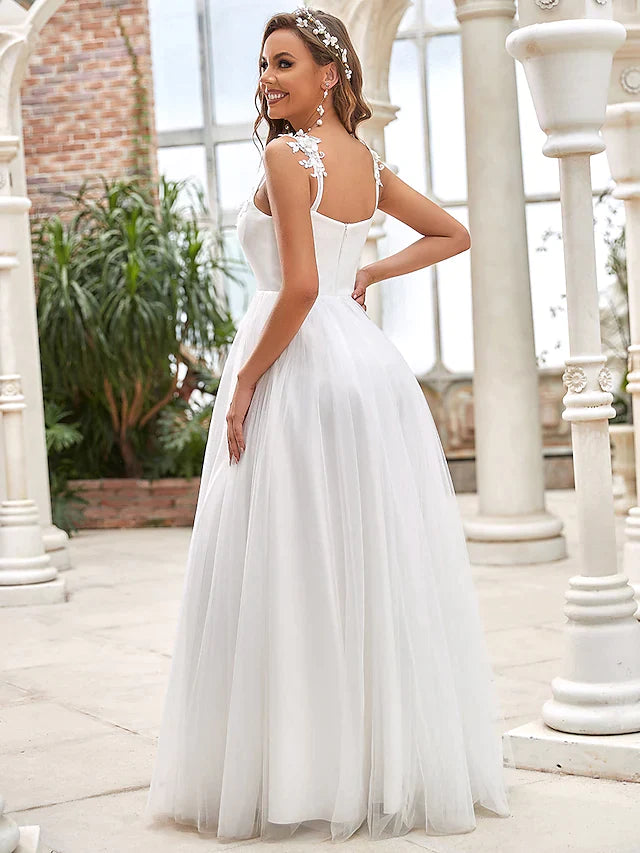 A-Line Wedding Dresses Sweetheart Neckline Floor Length Lace Tulle Sleeveless Romantic Simple with Lace Draping Appliques