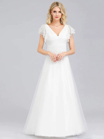 A-Line Wedding Dresses V Neck Floor Length Lace Short Sleeve Simple Casual Boho Illusion Detail Backless with Lace