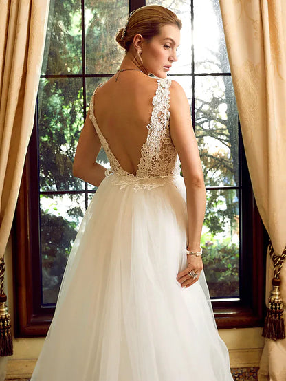 Wedding Dresses V Neck Chapel Train Lace Tulle Regular Straps See-Through with Appliques