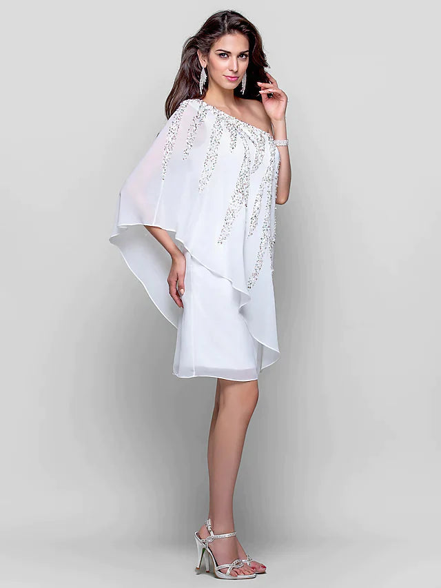 Sparkle White Wedding Guest Cocktail Party Dress One Shoulder Sleeveless Knee Length Chiffon with Sequin