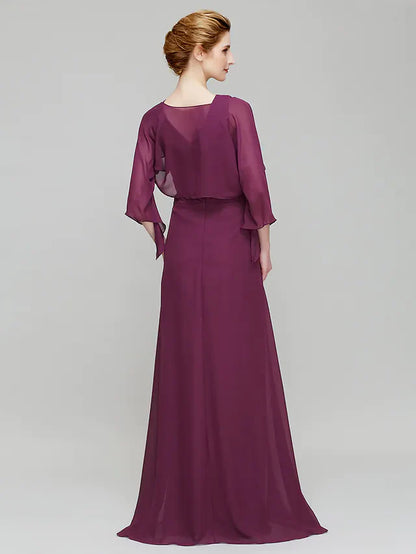 Mother of the Bride Dress V Neck Floor Length Chiffon 3/4 Length Sleeve with Criss Cross Crystals