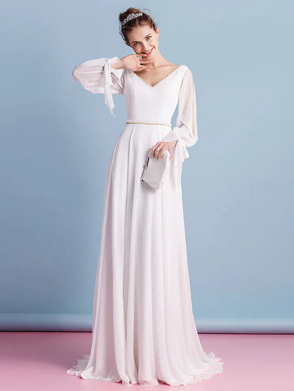 Wedding Dresses V Neck Court Train Chiffon Long Sleeve with Beading