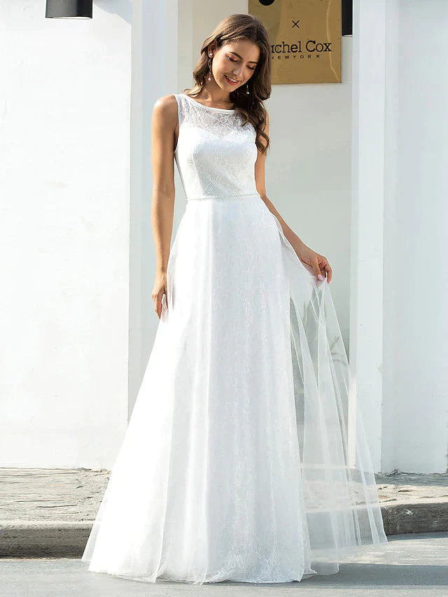 A-Line Wedding Dresses Jewel Neck Floor Length Lace Tulle Sleeveless Country Casual