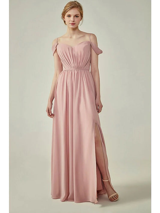 A-Line Spaghetti Strap Floor Length Chiffon Bridesmaid Dress with Sash Ribbon Ruching