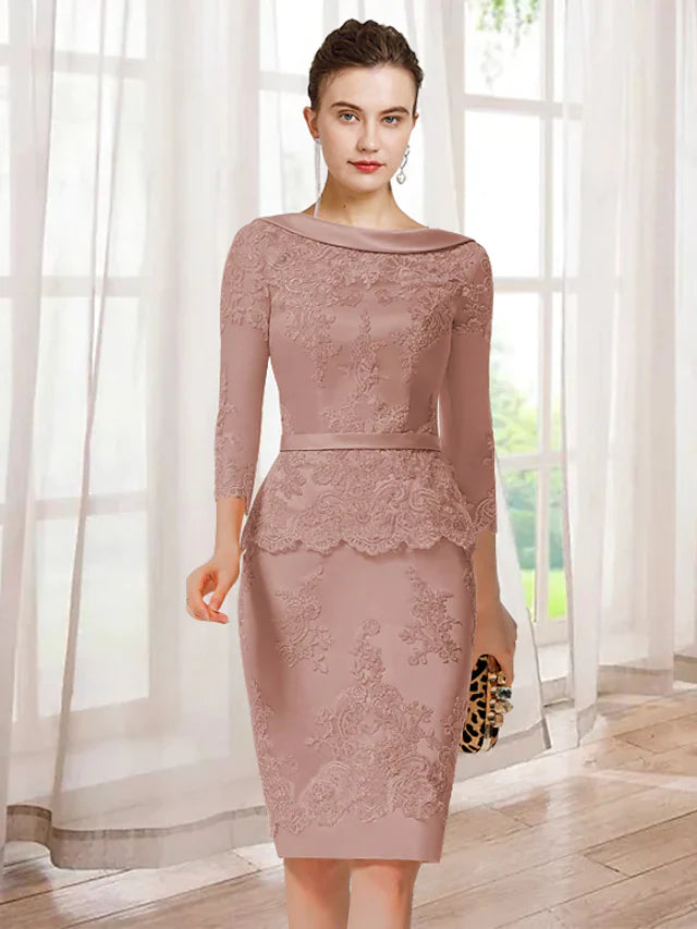 Mother of the Bride Dress Elegant Jewel Neck Knee Length Lace Charmeuse 3/4 Length Sleeve with Appliques