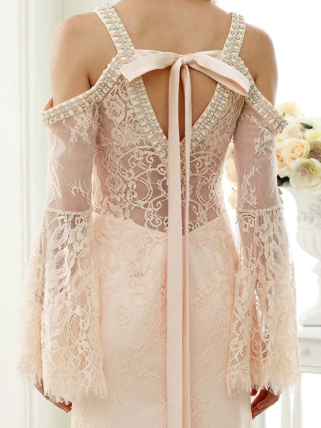 Wedding Dresses Plunging Neck Sheer Lace Long Sleeve Wedding Dress in Color Open Back Floral Lace with Bow(s) Crystals