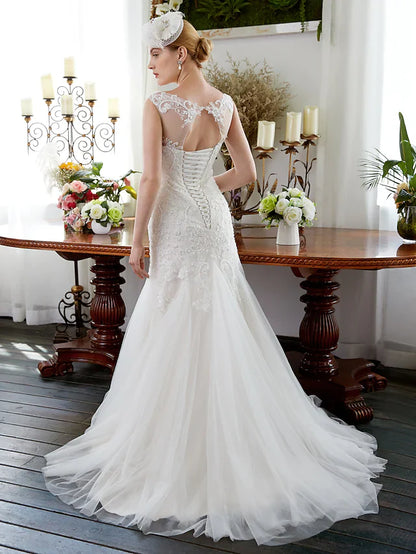 Wedding Dresses Illusion Neck Court Train Tulle Sleeveless Sparkle & Shine with Beading Appliques