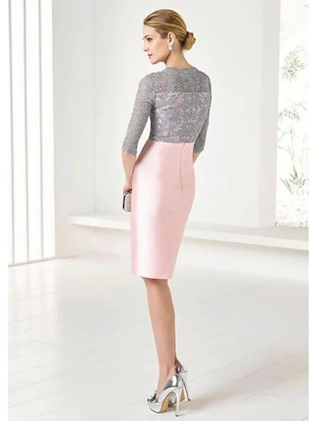 Mother of the Bride Dress Wrap Included Jewel Neck Knee Length Lace Satin 3/4 Length Sleeve with Lace