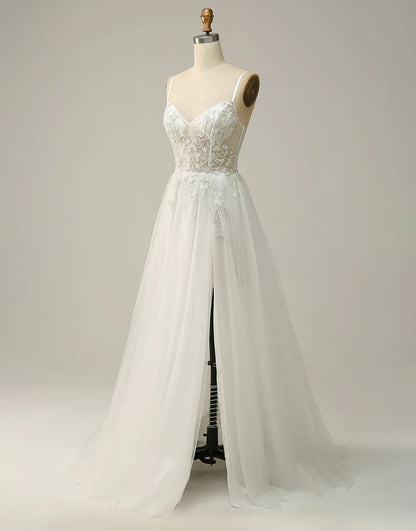 A Line Spaghetti Straps White Long Wedding Dress with Appliques