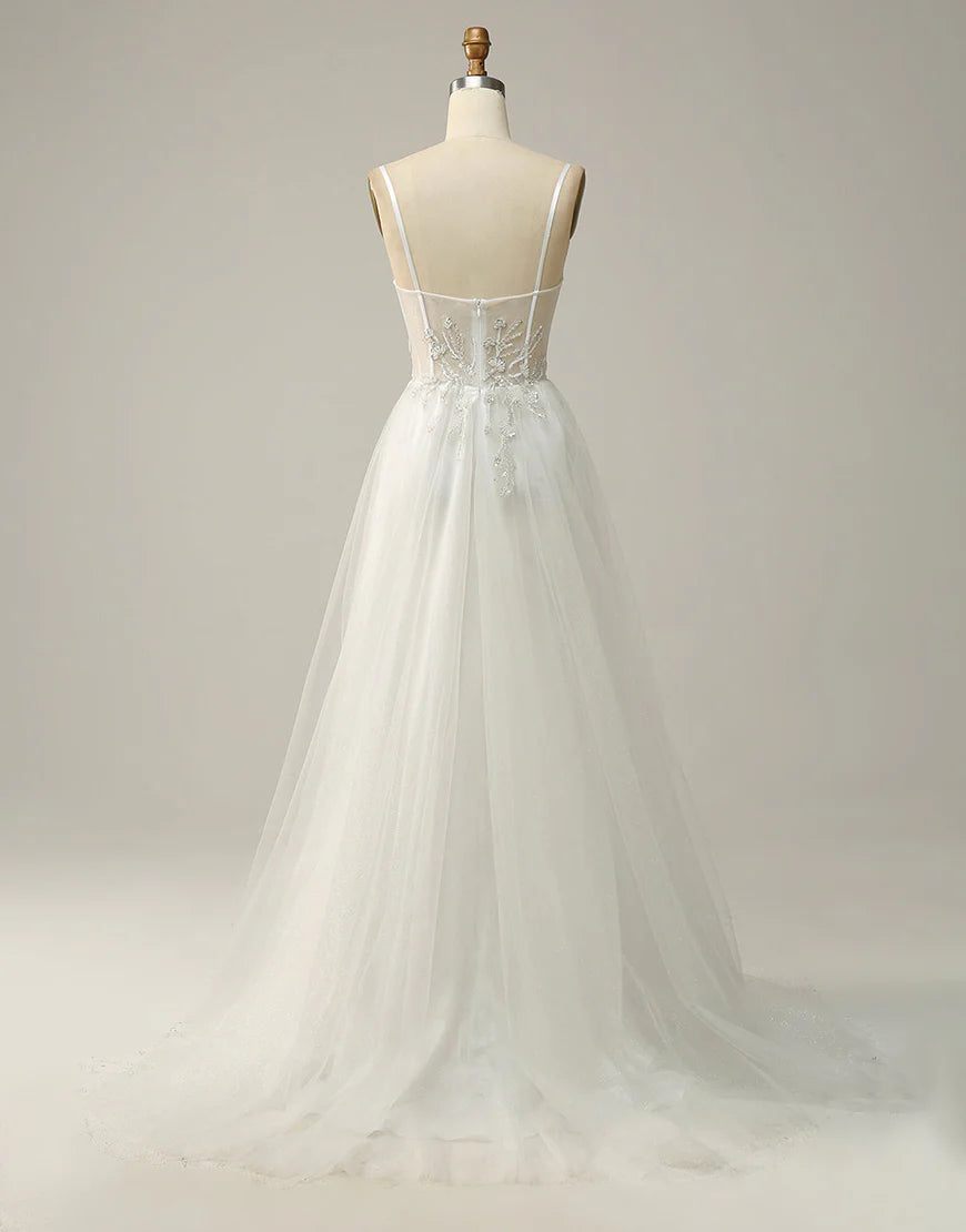 A Line Spaghetti Straps White Long Wedding Dress with Appliques