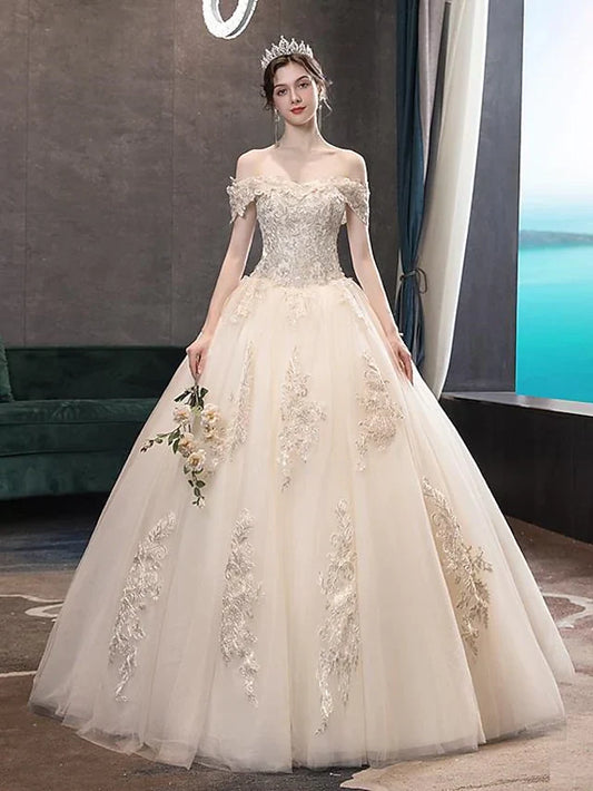 Princess Ball Gown Wedding Dresses Off Shoulder Floor Length Lace Tulle Sequined Short Sleeve Formal Romantic Luxurious Sparkle & Shine with Pleats Appliques