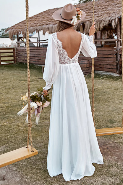 Ivory Lace Chiffon V-Neck Long Sleeve Boho Wedding Dress With Slit