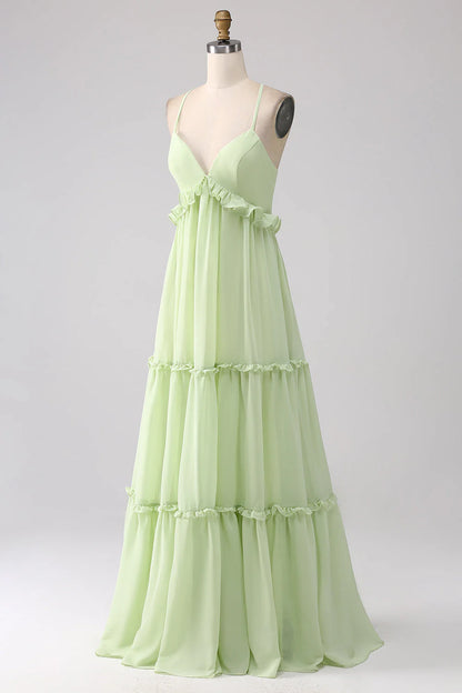 A-Line Green Bridesmaid Dress Pleated Tulle Long Dress