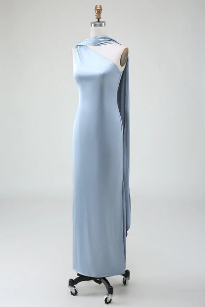 Blue Satin Bridesmaid Dress One Shoulder Floor-length Evening Dresses