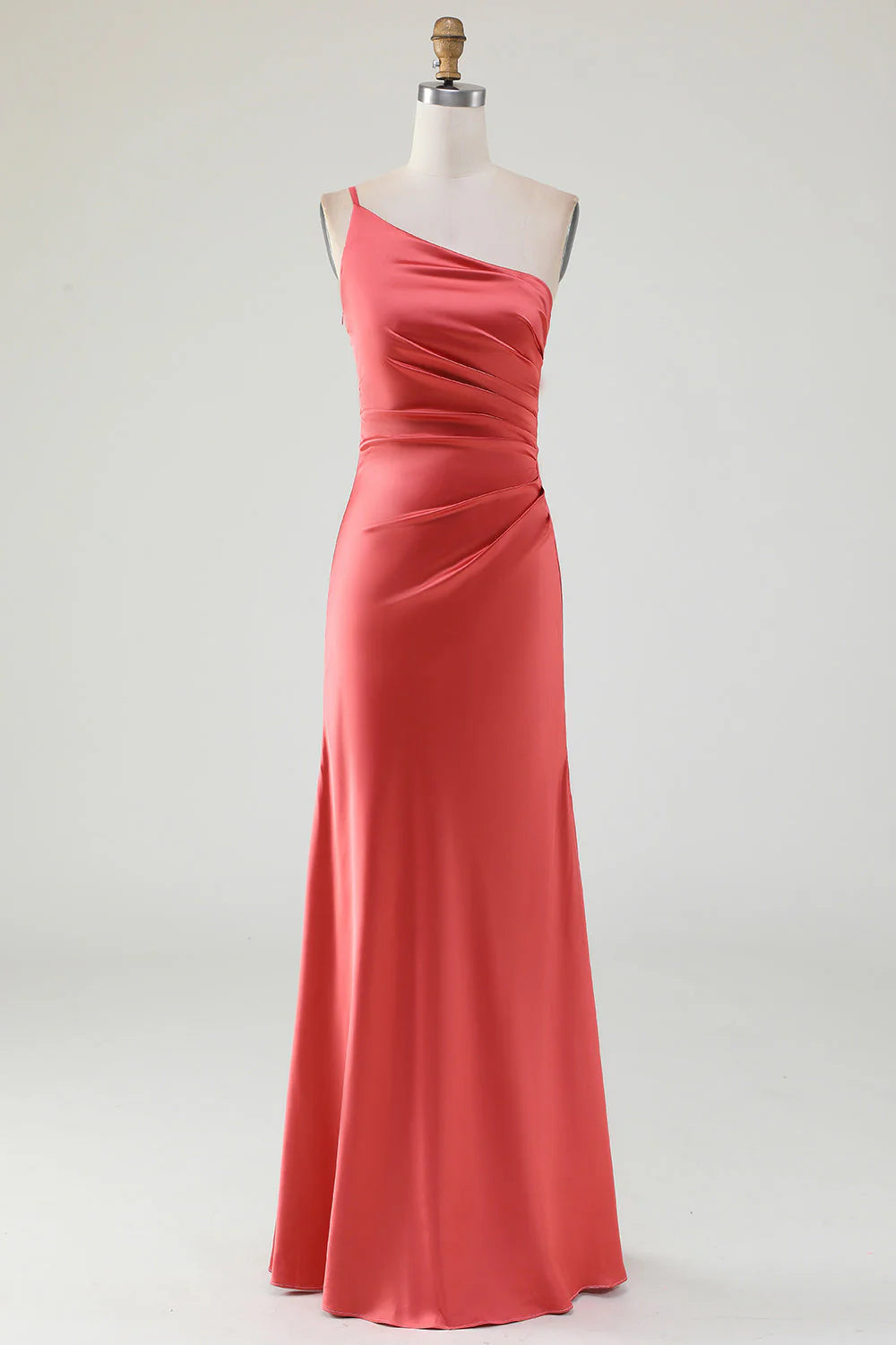 Sheath Pleated One Shoulder Long Satin Bridesmaid Dress