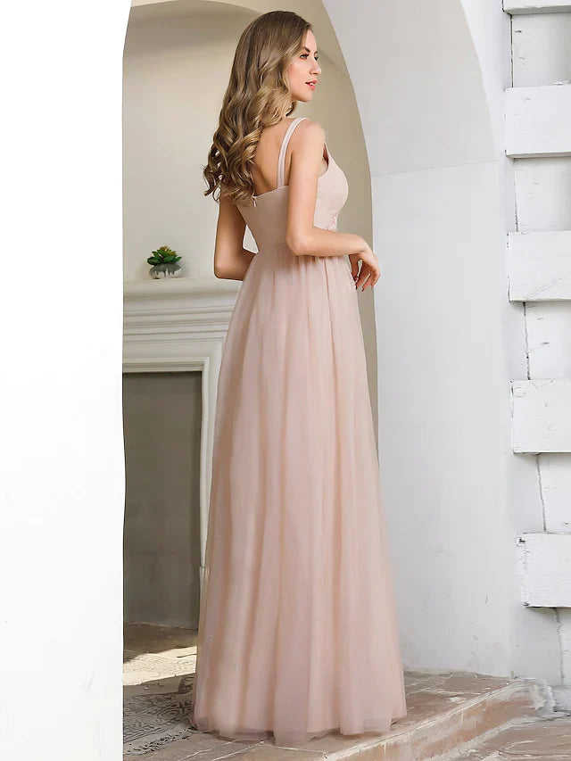 A-Line Plunging Neck Floor Length Tulle Bridesmaid Dress with Appliques