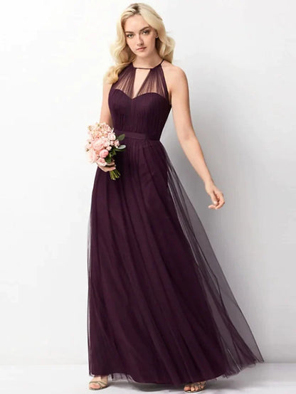 A-Line Halter Neck Floor Length Chiffon Tulle Bridesmaid Dress