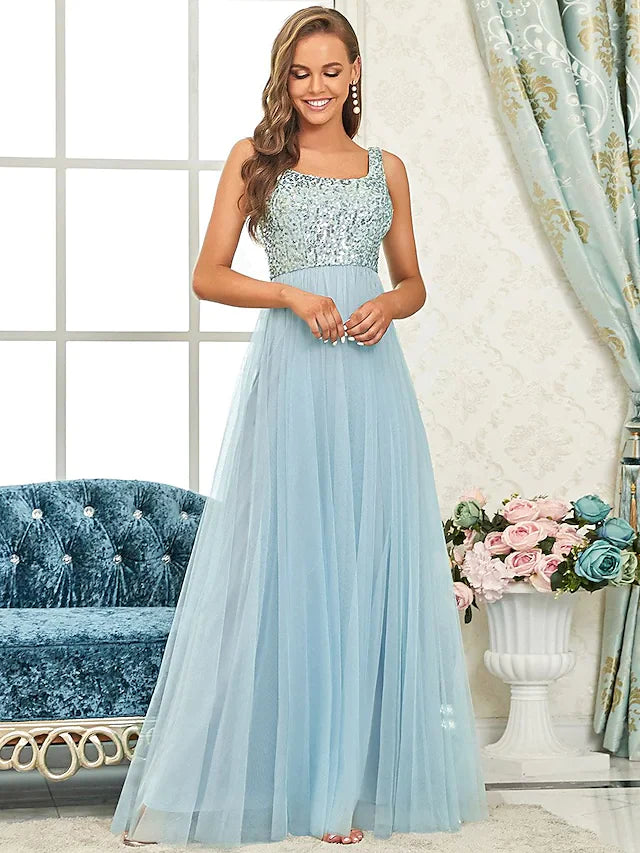 A-Line Spaghetti Strap Floor Length Tulle Sequined Bridesmaid Dress with Sequin