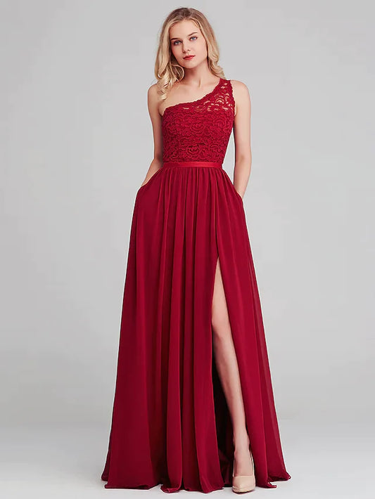 A-Line One Shoulder Long Length Chiffon Lace Bridesmaid Dress with Sash Ribbon