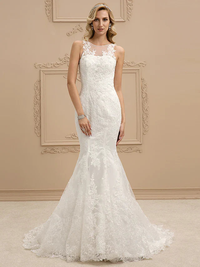 Wedding Dresses Bateau Neck All Over Lace Regular Straps Sexy Illusion Detail Backless with Beading Appliques