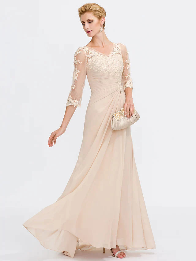 Mother of the Bride Dress Elegant See Through V Neck Floor Length Chiffon Sheer Lace Half Sleeve with Appliques Side Draping