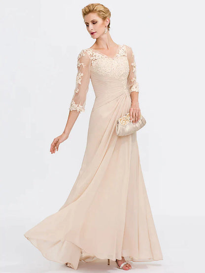 Mother of the Bride Dress Elegant See Through V Neck Floor Length Chiffon Sheer Lace Half Sleeve with Appliques Side Draping