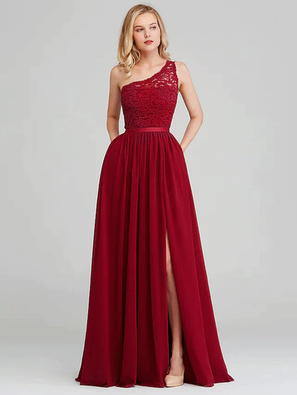 A-Line One Shoulder Long Length Chiffon Lace Bridesmaid Dress with Sash Ribbon