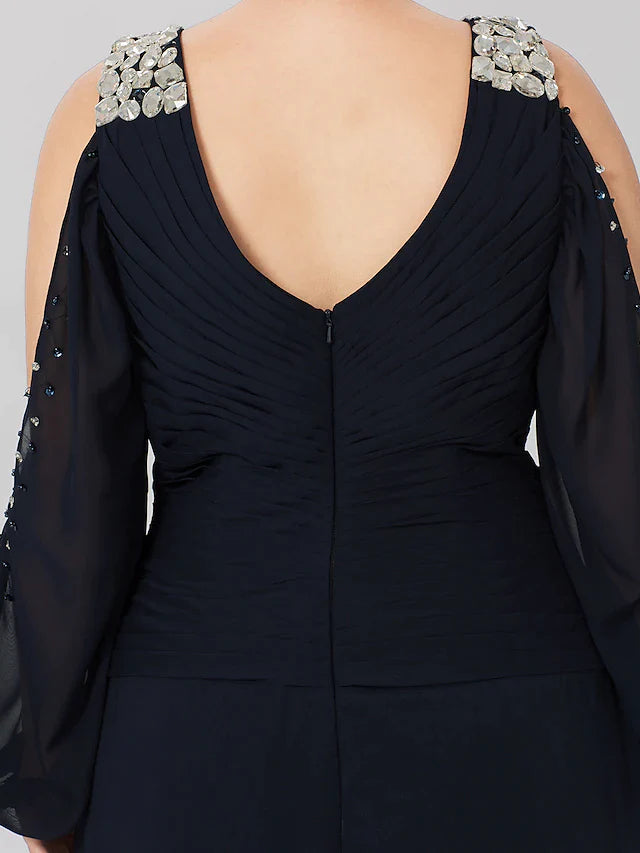 Mother of the Bride Dress Classic & Timeless Elegant & Luxurious Plus Size V Neck Asymmetrical Chiffon Stretch Satin Long Sleeve with Criss Cross Crystals