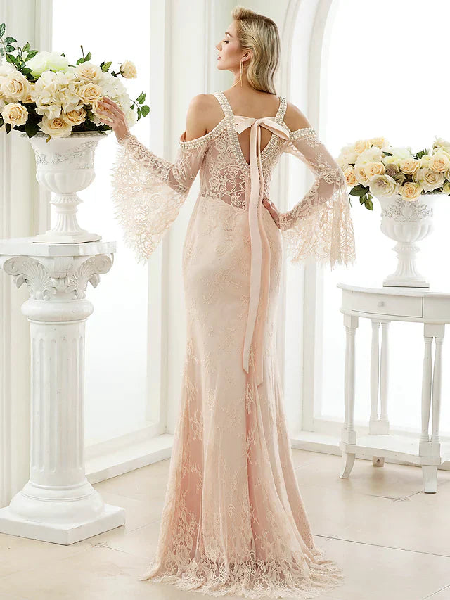 Wedding Dresses Plunging Neck Sheer Lace Long Sleeve Wedding Dress in Color Open Back Floral Lace with Bow(s) Crystals