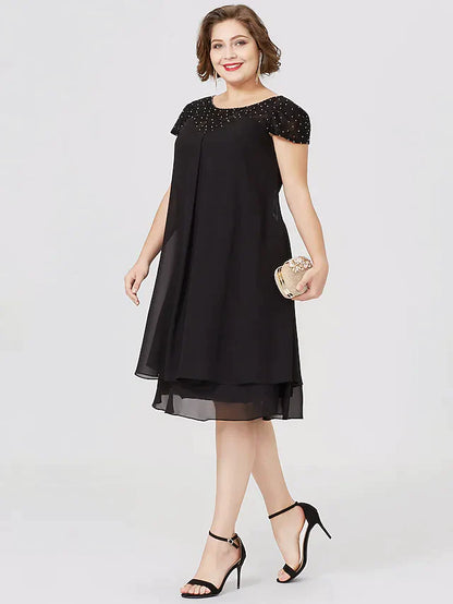 Mother of the Bride Dress Little Black Dress Plus Size See Through Jewel Neck Knee Length Chiffon Lace Short Sleeve with Pleats Beading Lace Insert