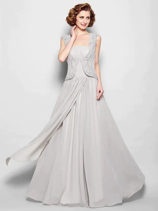 A-Line Mother of the Bride Dress Vintage Inspired Square Neck Floor Length Chiffon Sleeveless with Beading Draping