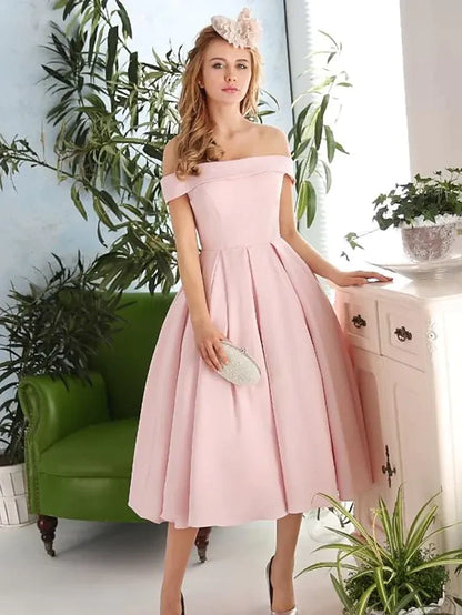 A-Line Elegant Vintage Engagement Cocktail Party Dress Off Shoulder Sleeveless Tea Length Stretch Fabric with Pleats