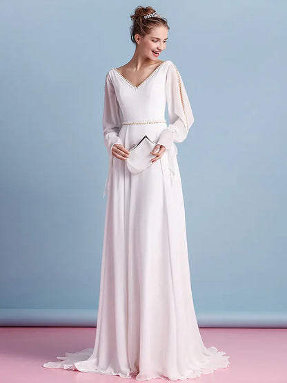 Wedding Dresses V Neck Court Train Chiffon Long Sleeve with Beading