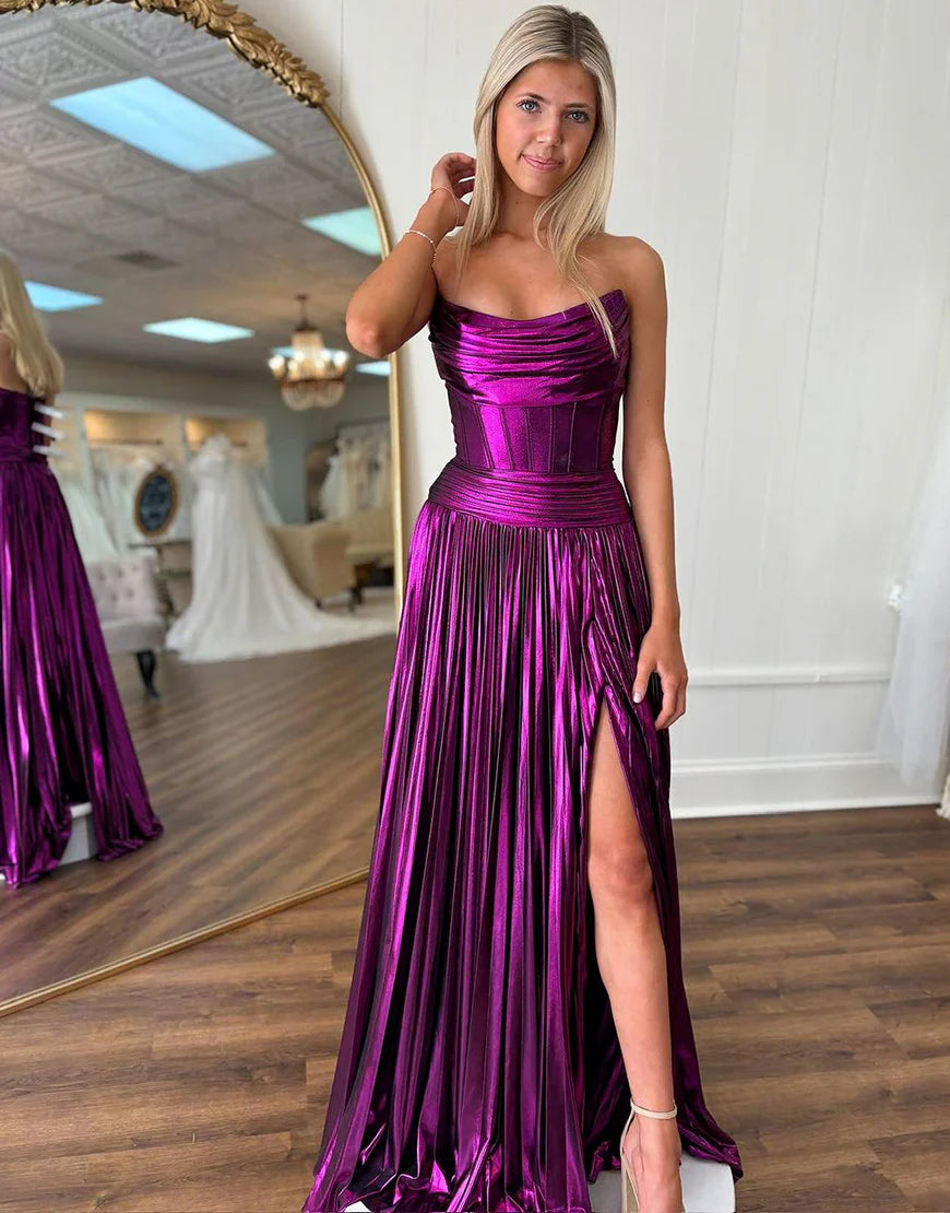 Purple A Line Satin Cute Long Prom Dress With Slit