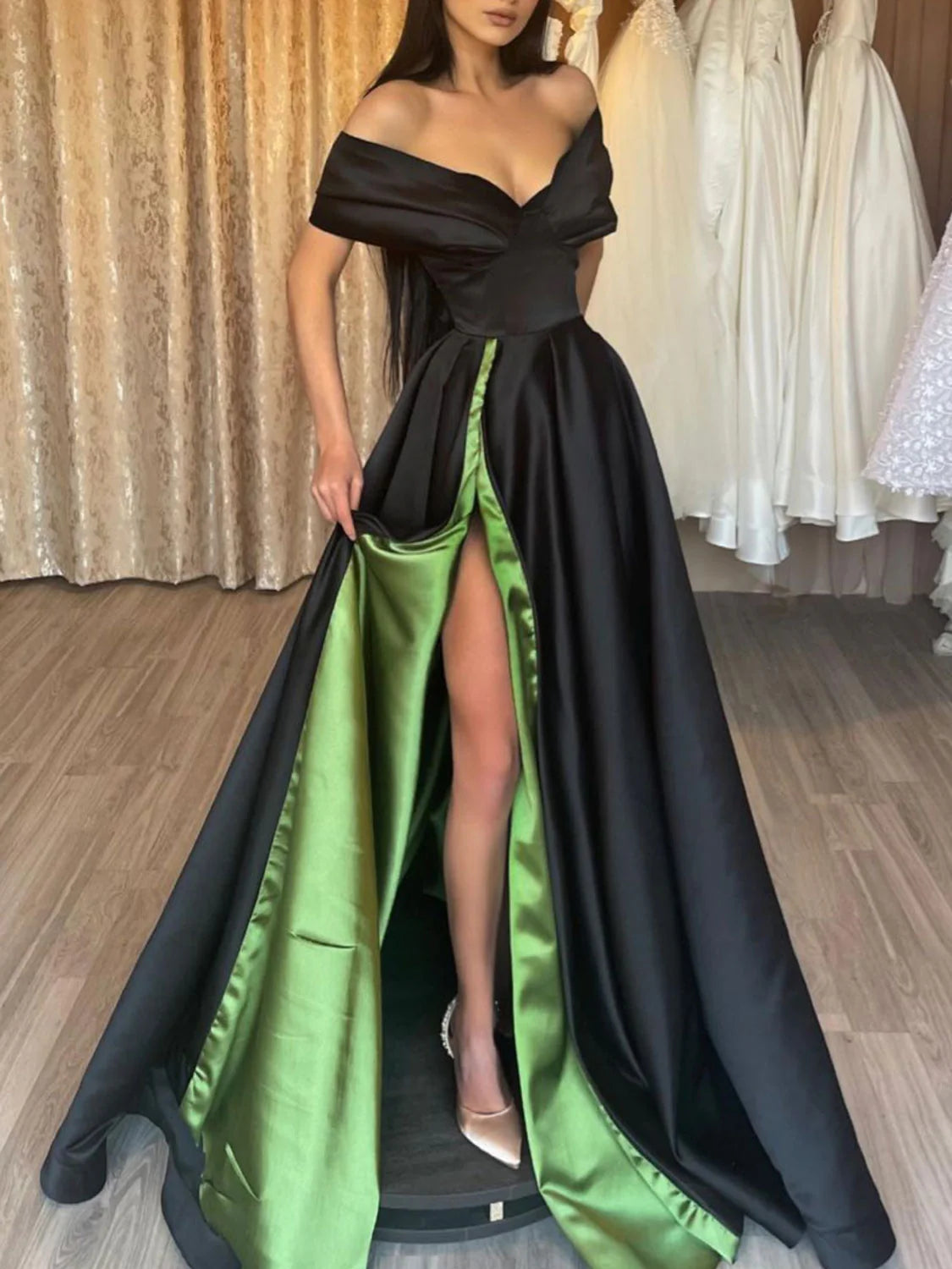 Simple Black Satin Off Shoulder Evening Dress Long Prom Dress