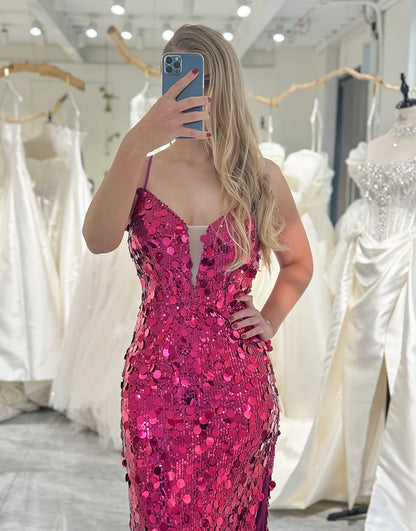 Sparkly Fuchsia Mermaid Corset V-Neck Prom Dress With Slit