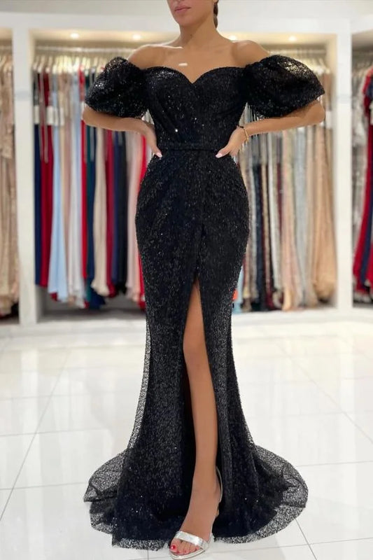 Black Off-the-Shoulder Party Gown Sequins Evening Dress Mermaid