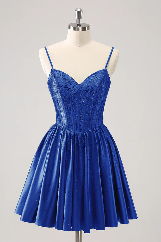 A-Line Spaghetti Straps Corset Pleated Homecoming Dress