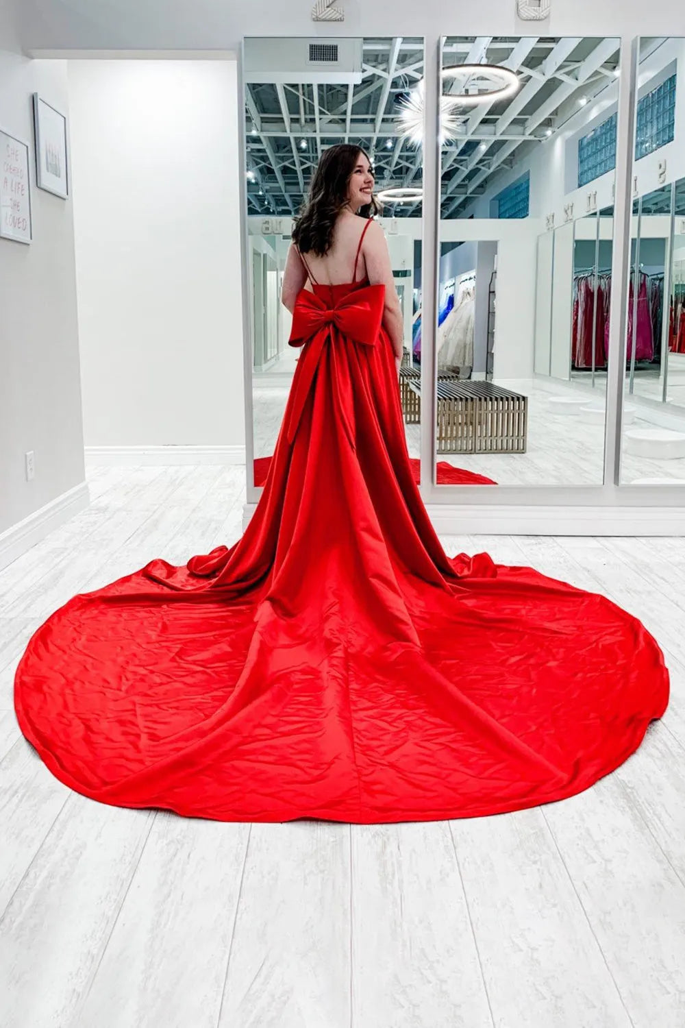 A-Line Princess Red Satin Spaghetti Straps Prom Dress with Bow Court Train Dresses