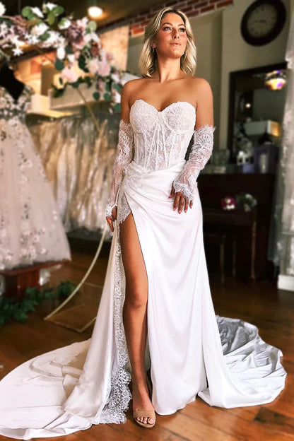 White Sheath Sweetheart Lace Satin Wedding Dresses