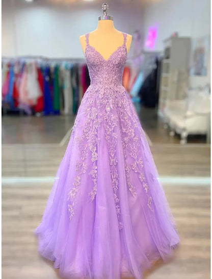 A-Line Prom Dresses Maxi Dress Formal Court Train Sleeveless Spaghetti Strap Stretch Chiffon with Appliques Shouder Flower