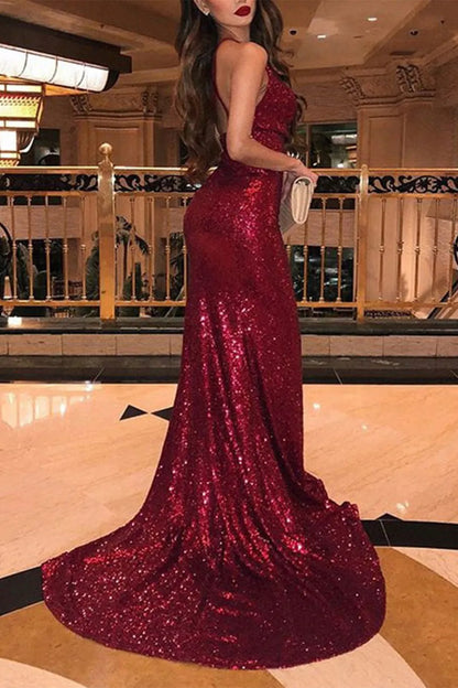 Burgundy Mermaid Halter Backless Sequins Prom Dress Evening Dresses Wedding Guest Dresses With Sweep Train