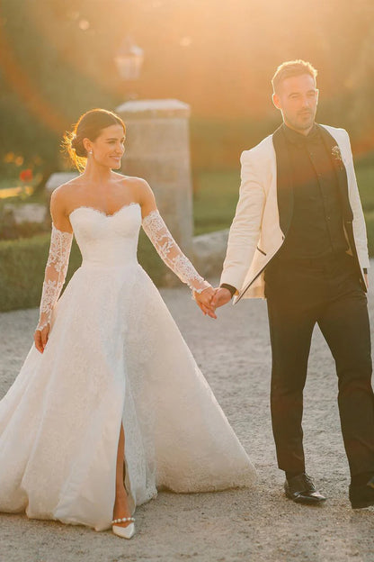 A-Line Sweetheart White Lace Wedding Dresses with Slit