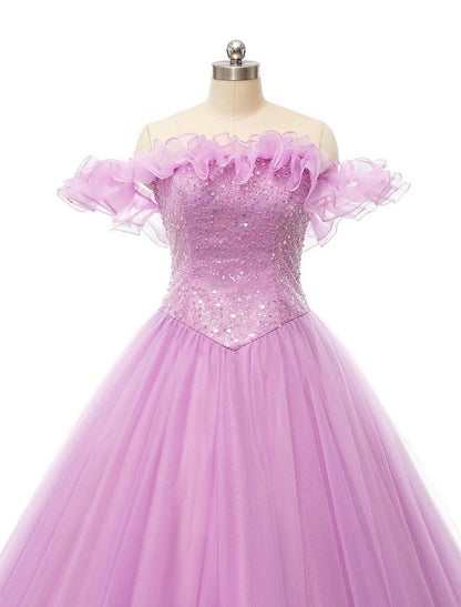 Ball Gown Prom Dresses Puffy Dress Quinceanera Floor Length Sleeveless Off Shoulder Tulle with Pearls Sequin