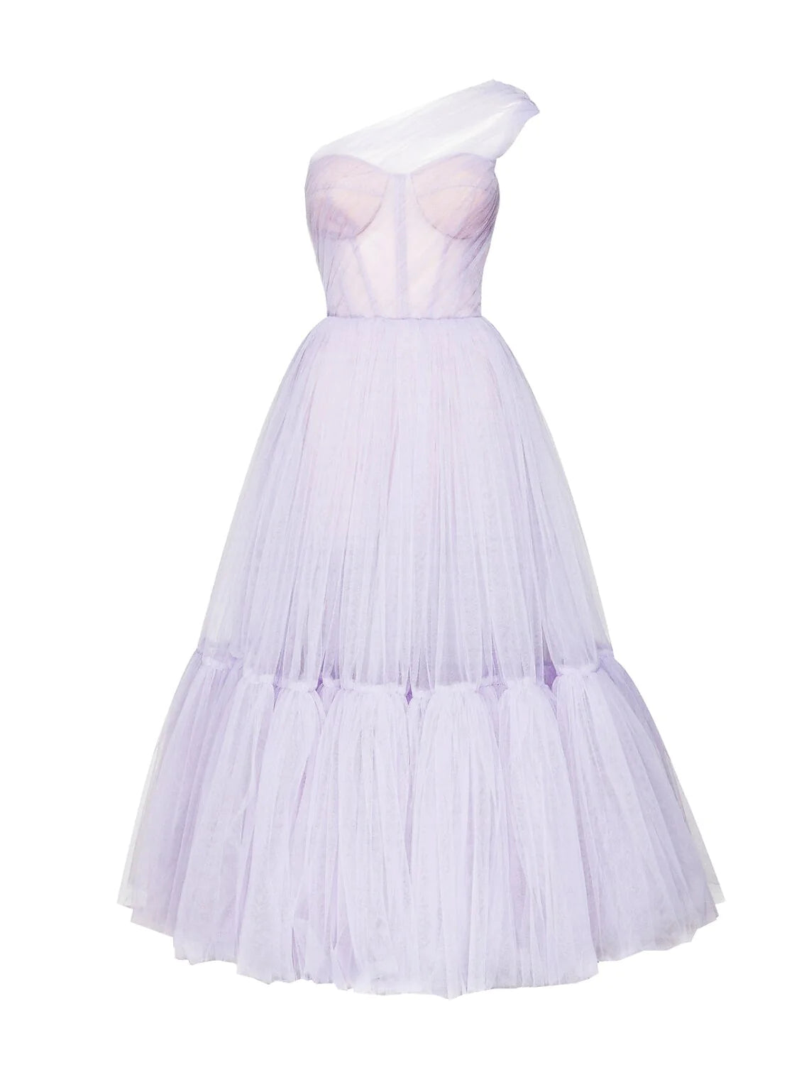 A-Line Puffy Fairy Homecoming Wedding Guest Dress One Shoulder Sleeveless Ankle Length Tulle with Pleats Pure Color